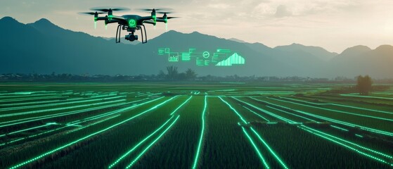 Drone flying over a field with green lines of data visualization.