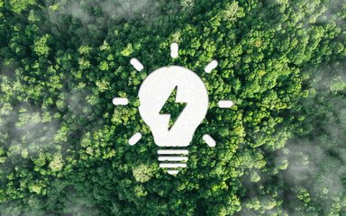 Renewable, Green energy and saving energy efficiency. Light bulb icon in forest for sustainable...