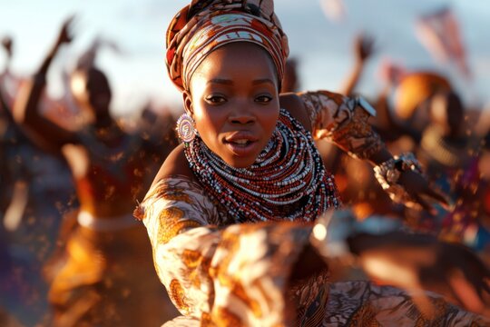 African woman dancing with her tribe at sunset