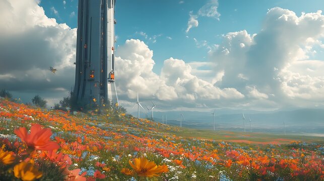 A large, metallic wind turbine field beside a meadow filled with colorful wildflowers and wildlife, the contrast of sleek machinery and organic life, clouds rolling across a bright sky. --ar 16:9
