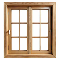 Fototapeta premium A wooden window design without glass showcases natural wood grain, framed against a crisp white background.