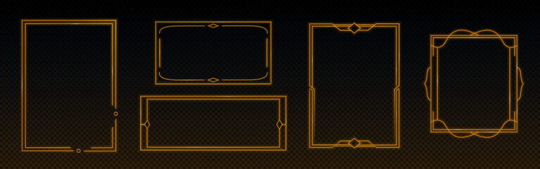 Neon orange vintage style frames set isolated on transparent background. Vector realistic illustration of elegant rectangular borders glowing in darkness, futuristic game ui elements, decoration
