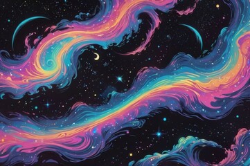Obraz premium wavey pastel galaxy illustration with stars at night, beautiful pink blue purple wavey design in galaxy space, abstract background with stars