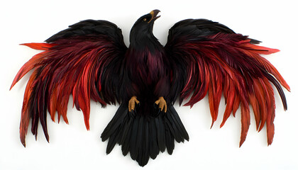 Fototapeta premium A black raven with red feathers, spread wings, isolated on a white background.