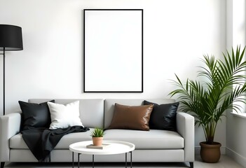 A modern living room with a gray sofa, black and brown throw pillows, a white coffee table, and a potted plant.