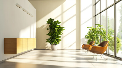 Photo interior modern design room 3d illustration, A living room with a white couch and a tan rug. The couch is covered in pillows. 