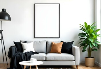 A modern living room with a gray sofa, black and brown throw pillows, a white coffee table, and a potted plant.