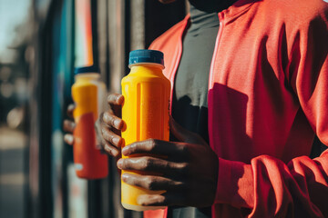Man holding two yellow sports drinks