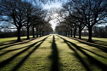 A serene landscape featuring trees casting long shadows on a grassy field under a clear sky.