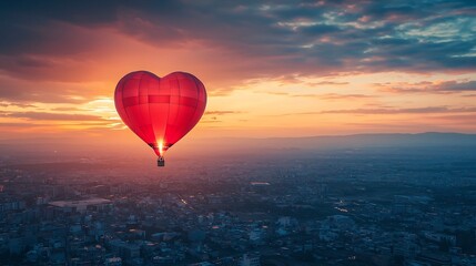 Fototapeta premium Heart Shaped Hot Air Balloon Glowing Over Vibrant Sunset City Skyline Symbolizing Love and Wonder