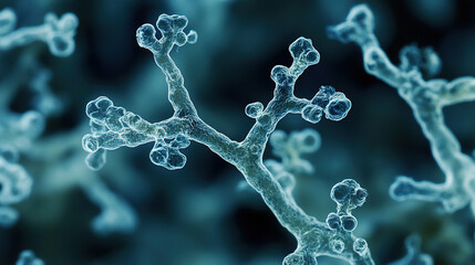 Microscopic view of fungal spores spreading, highlighted by subtle lighting, showing intricate cellular details on a dark background, emphasizing the complexity and structure of fungal life forms.