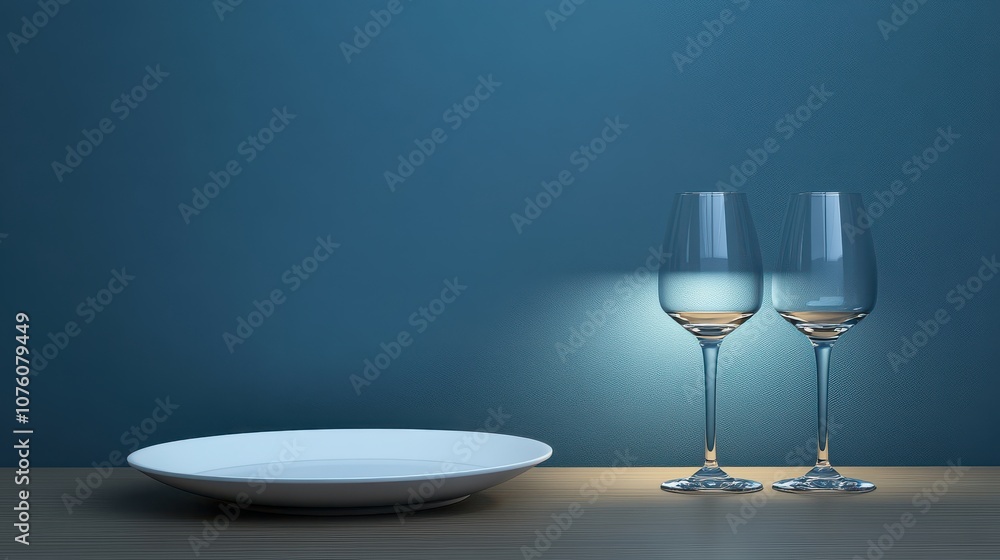 Poster minimalistic dining setup with empty platter and glasses