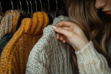 a closeup of someone's hand placing a clothes hangar on a clothing rack