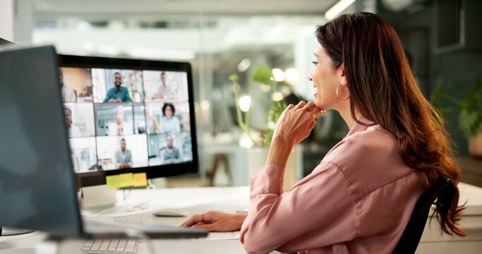 Video conference, computer and business woman with smile, notes and creative training on screen in startup. Webinar, online call and copywriter with notebook, group and virtual chat or news meeting