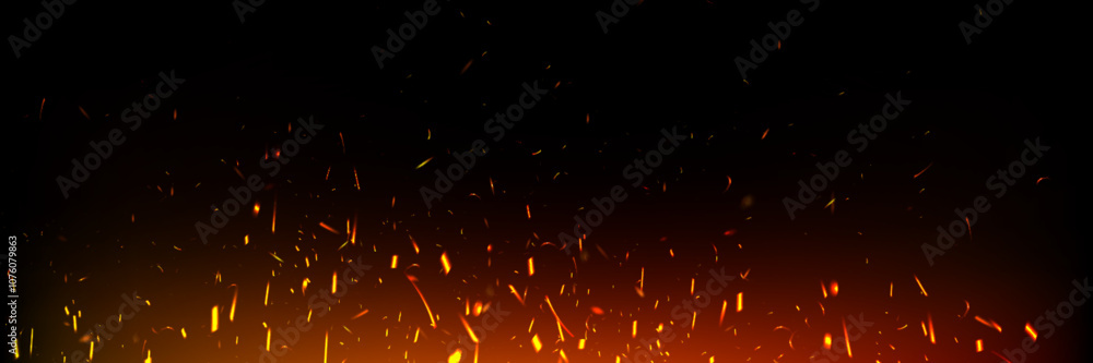 Poster fire sparks floating upward on dark background. glowing orange embers with bright red streaks. hot b