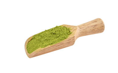 Green tea powder in a wooden spoon on white background