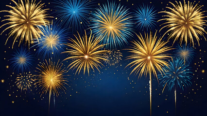 Naklejka premium New year celebration fireworks on dark blue background, New year 2025 eve party.