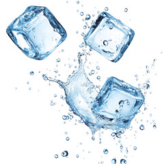 Ice Cubes Splashing into Water isolated on a transparent PNG background