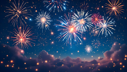 Fototapeta premium New year celebration fireworks on dark blue background, New year 2025 eve party.