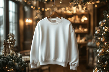 Fototapeta premium a mockup of a white sweatshirt hanging on a hanger. the background has a christmas vibes