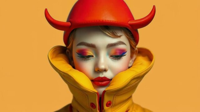A woman in a red horned hat and yellow jacket
