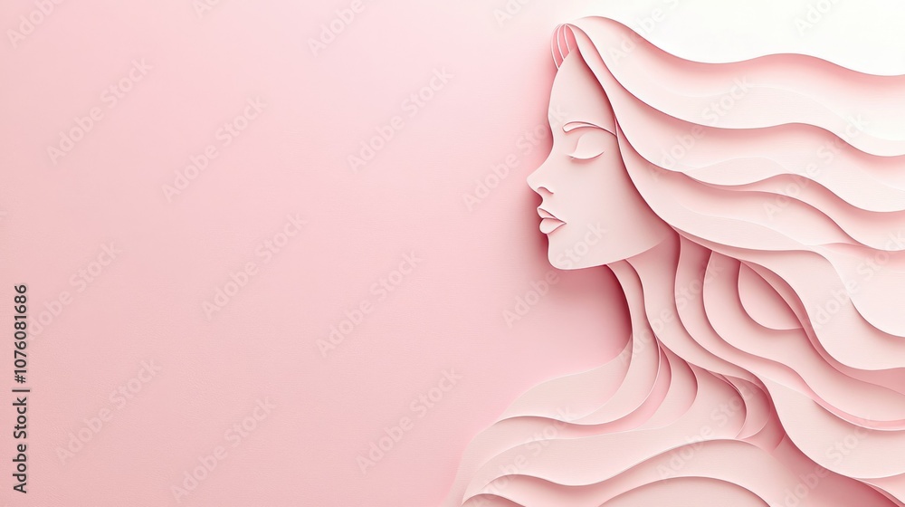 Poster a minimalist paper cut style of a woman with flowing lines and curves, placed against a soft pink ba