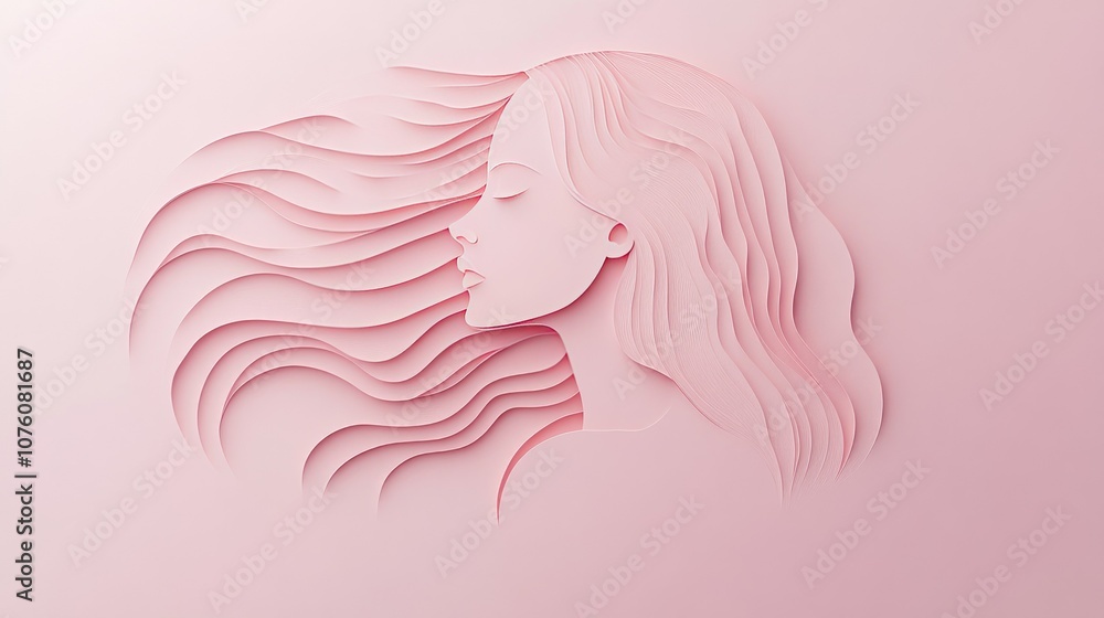 Poster a minimalist paper cut style of a woman with flowing lines and curves, placed against a soft pink ba