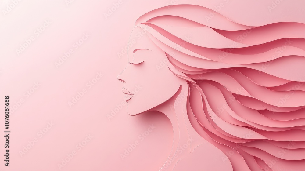 Poster a minimalist paper cut style of a woman with flowing lines and curves, placed against a soft pink ba