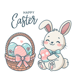 Cute easter bunny with easter basket and eggs. greeting card with hand lettering. vector isolated illustration