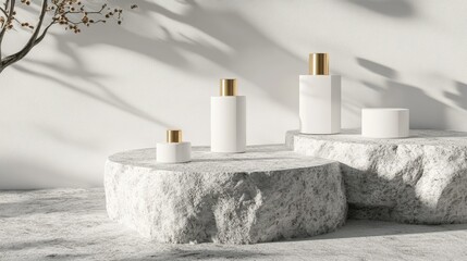 A minimalist 3D render featuring white cosmetic bottles with golden caps, placed on textured cobblestone platforms, creating an elegant showcase for beauty products in a clean, commercial setting.