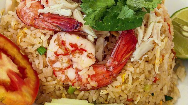 Thai style Seafood Fried Rice with large prawn calamari cuttlefish crab meat served on plate on rustic wooden table