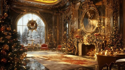 Obraz premium Luxury christmas room decor featuring opulent holiday decorations, elegant tree, twinkling lights, and a magical festive ambience, perfect for creating a fantasy-inspired winter wonderland