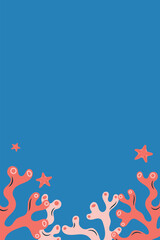 Rectangular sea frame with corals at the bottom. Red corals and blue background. For postcards and posters. Vector illustration.