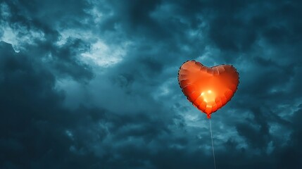 Heart Shaped Balloon Glowing in the Moody Night Sky Symbolizing Love s Ascension and Emotional Release