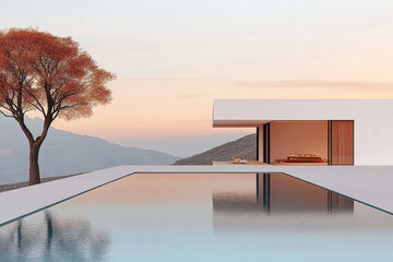 Modern architectural design with a serene pool at sunset in a mountainous landscape