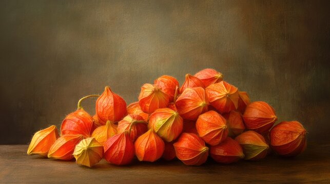 A pile of fresh Physalis fruits with vibrant orange color, textured background for natural look.