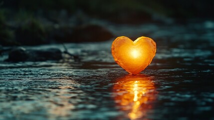 Glowing Heart Shaped Lantern Floating on a Serene River Reflecting Love s Journey