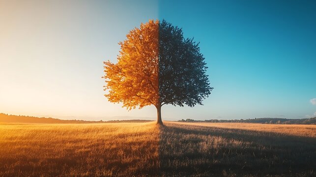 A solitary tree in an open field with half of it bathed in warm sunrise light while the other half remains in cool shadow, showcasing the transition from night to day, soft gradients. --ar 16:9