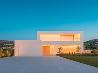 Obraz premium Modern architectural design of a white house in a serene landscape at dusk