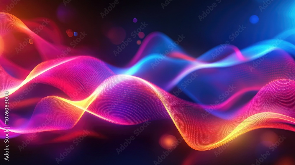 Poster a visually stunning 3d background with abstract glowing neon lines and blurred ribbons, creating a m