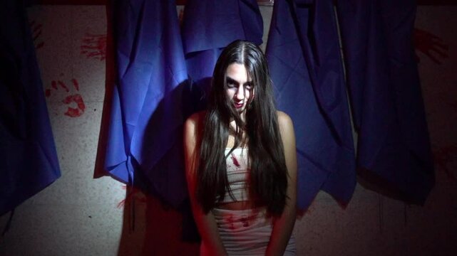 woman looking at camera with a scare look wearing a terrorific costume of zombie in Halloween.
