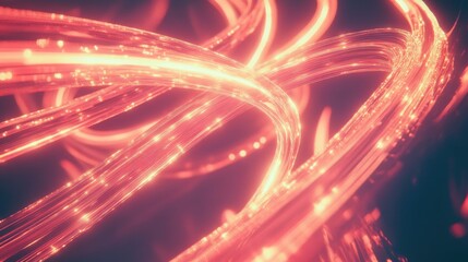 Obraz premium An abstract 3D render featuring curvy neon ribbons with glowing lines and motion blur, creating a dynamic and futuristic background of fast-moving light paths.