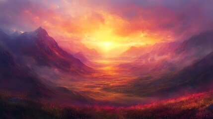 A valley covered in morning mist under a soft sunrise on one side, leading into a vibrant sunset with golden and crimson tones, mountains catching the shifting colors of both times. --ar 16:9