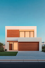 Modern minimalist house with wooden accents under a clear blue sky at sunset