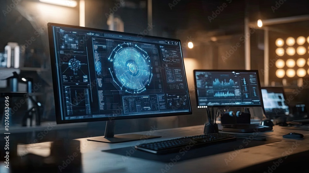 Poster futuristic data visualization in a modern workspace
