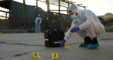 Forensics, person and sample of crime scene with evidence outdoor, dna investigation and murder...