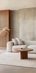 Modern minimalist living room featuring a soft white sofa and wooden coffee table in natural light