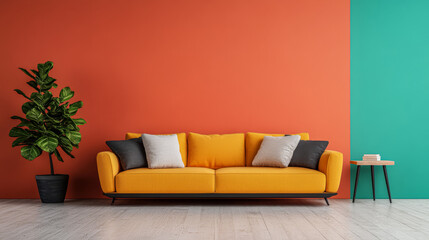 Vibrant living room with a yellow sofa against colorful walls and a potted plant on the side