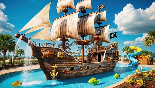 Pirate Ship Pool Area with Splash Buckets - Powered by Adobe