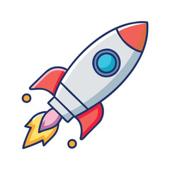 Colorful rocket icon launching with flames, Vector illustration of a rocket launching with a fiery trail, symbolizing space exploration, startups, and innovation.
